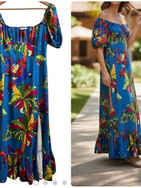 House of Harlow 1960 Linen Blend Tropical Toucan Print Maxi Dress Small Resort